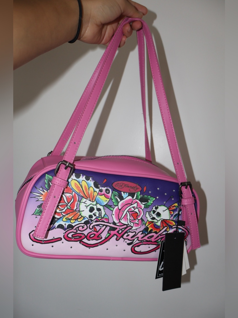Ed Hardy Pink Shoulder Bag Tattoo Skull Rose Butterfly Rhinestone Barrel Satchel